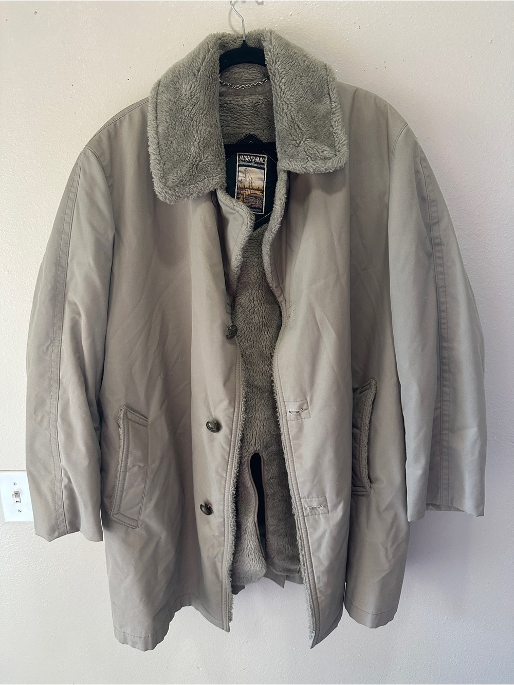 Men's Taupe Military-Style Faux-Shearling Field Coat